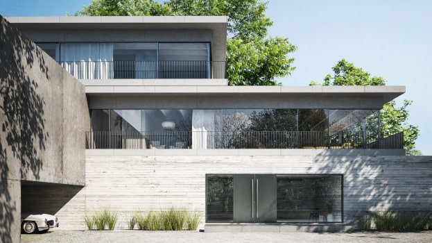 Haus mit Balkonen, großen Fenstern und eleganten Balkontüren